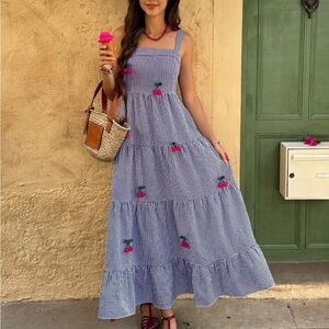 Boho  Plaid 3D Cherry 🍒 Print Smocked Dress Blue